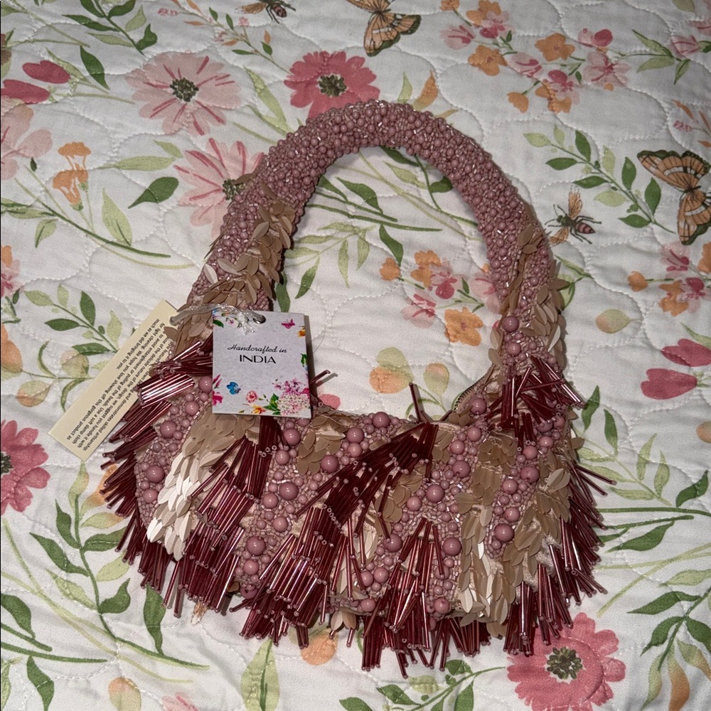 Handcrafted in India Beaded Mini Bag - Pink and Tan